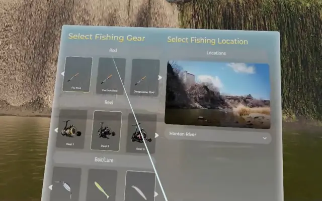 An in-game panel for choosing a rod, a reel, a bait and a location