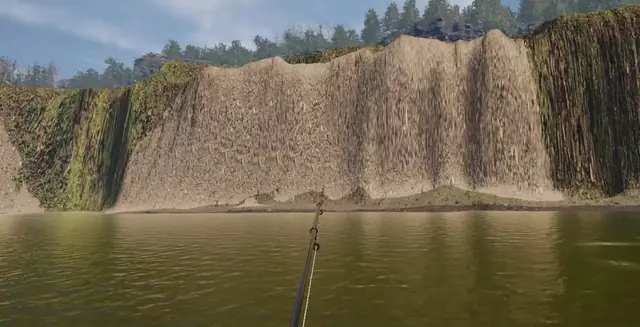 A wide river under tall rock cliffs, seen from the water's edge in the game