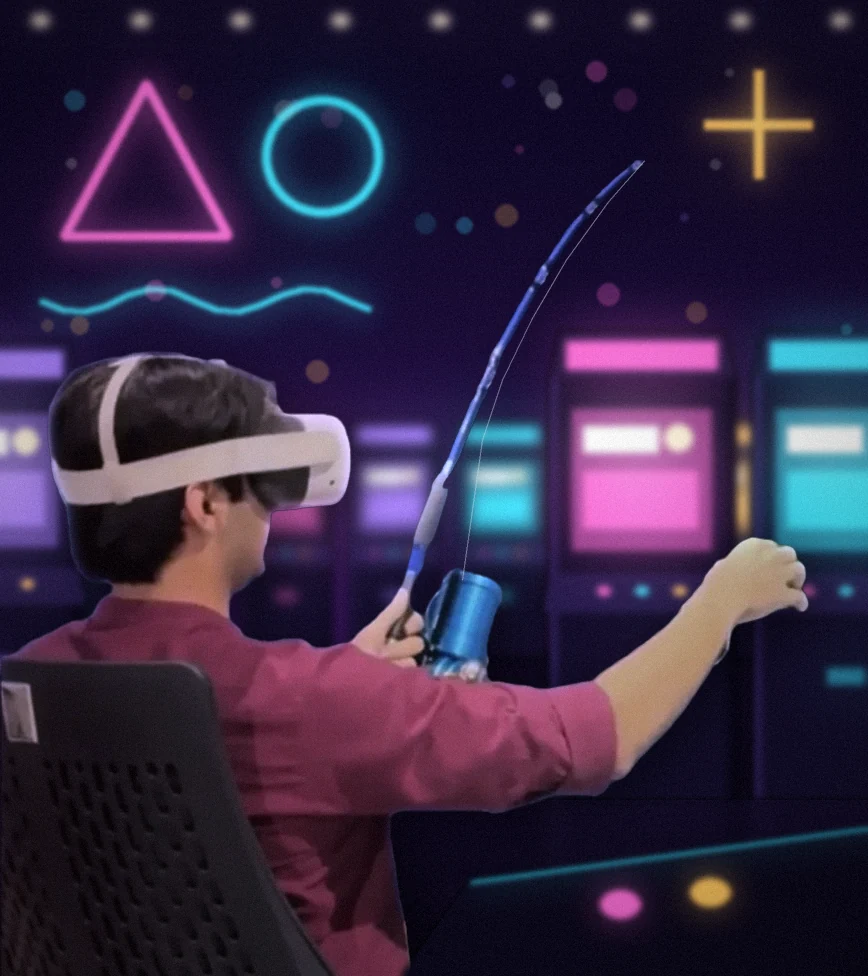 A player in a VR headset holding a fishing rod with a reel, set against an illustrated arcade